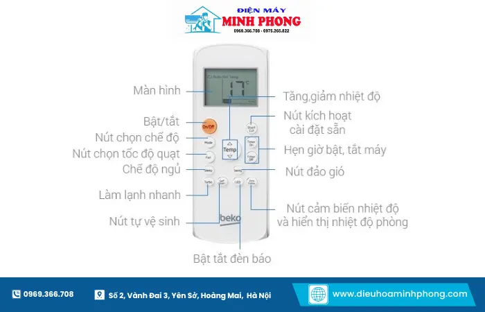 Các nút chức năng cơ bản trên remote máy lạnh K 1028E dễ sử dụng và tiện lợi